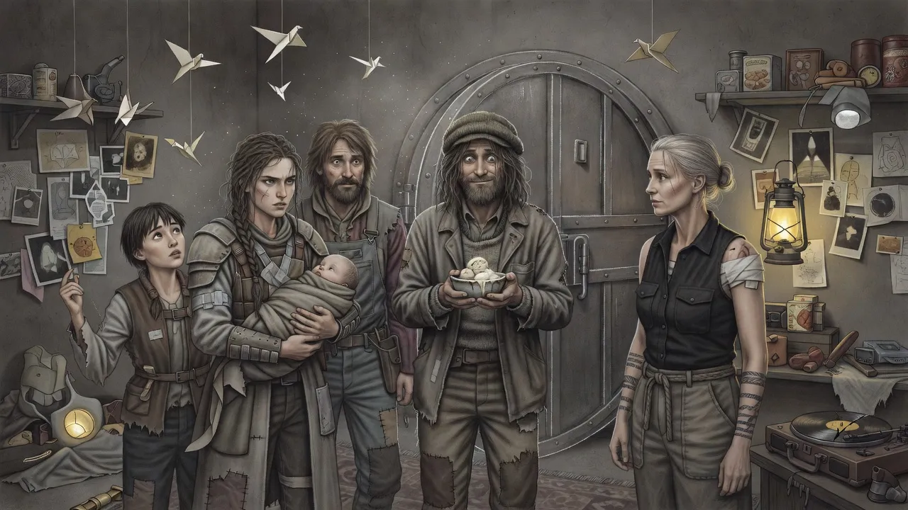 A bearded man in a knitted cap holds out a bowl to a young couple with a baby, a wary young woman and a watching woman in a cluttered, lamplit vault hung with paper birds.