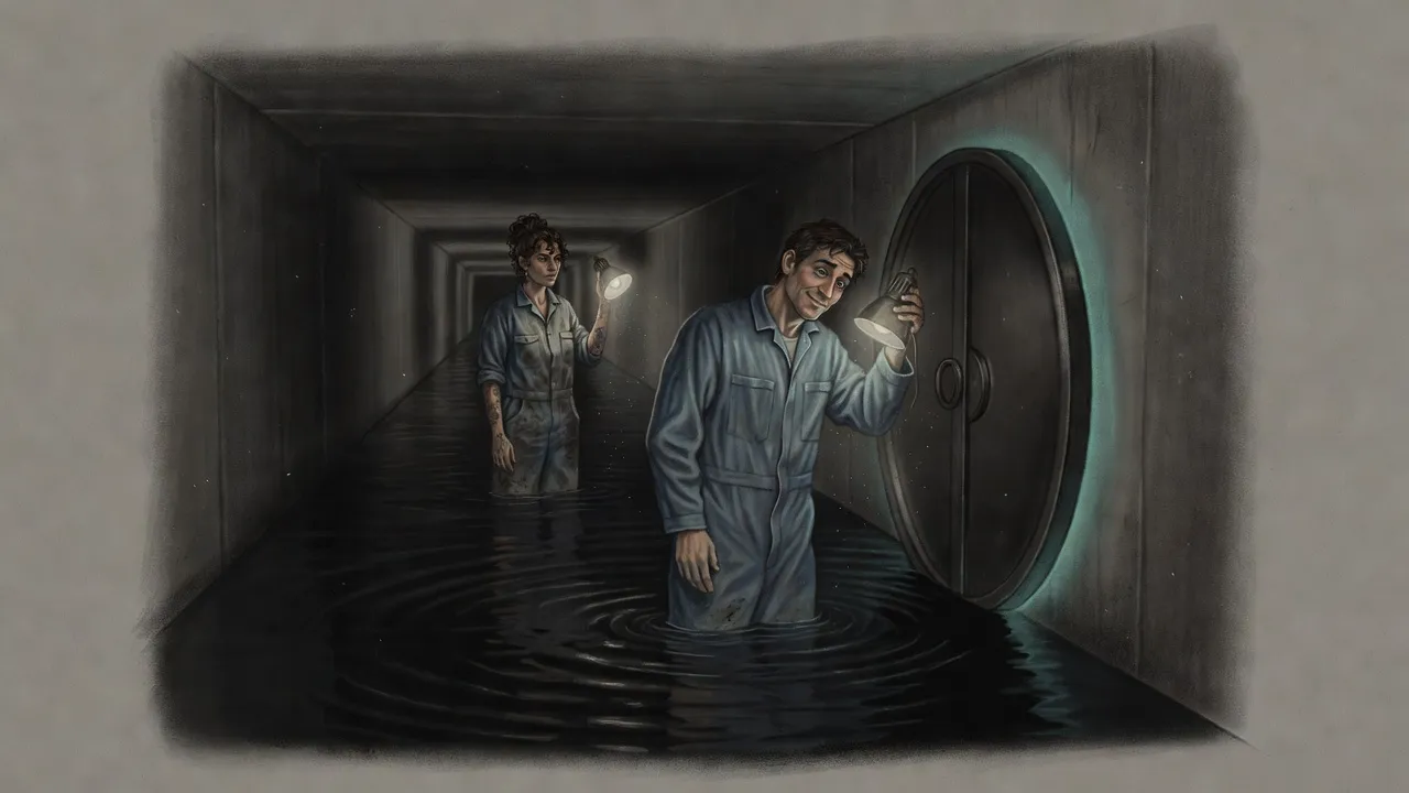 A young man stands in knee-deep black water in a low concrete tunnel before a great round steel door, lamp raised, while a woman waits far behind him at the tunnel’s mouth.