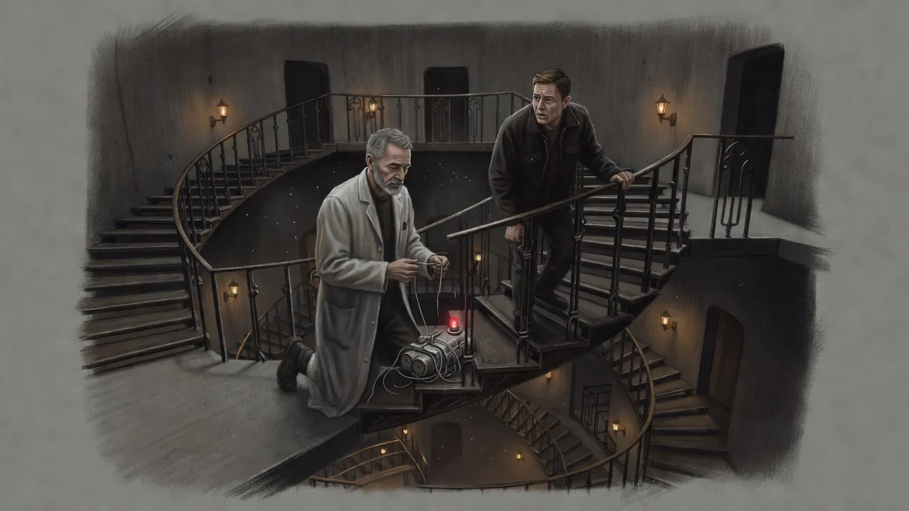 A grey-bearded man in a long pale coat kneels by a bundle of wired canisters on an iron stair, looking up at a deputy who backs away up the steps.