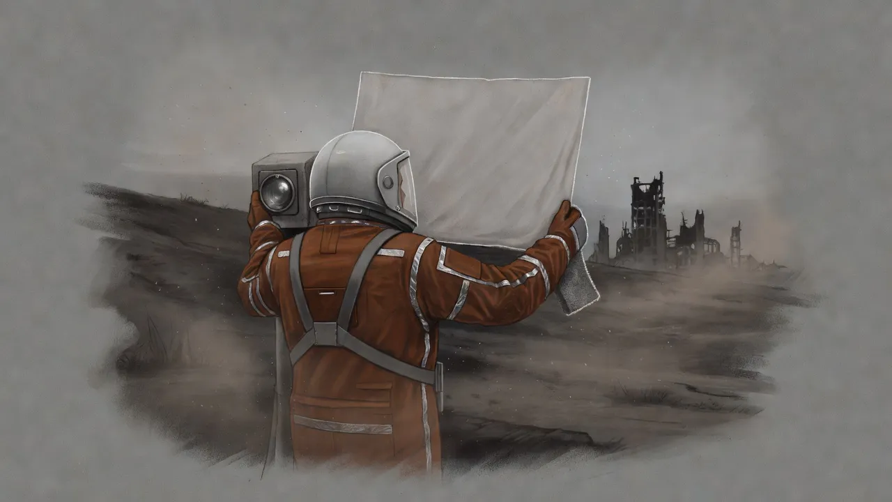 Seen from behind, a figure in a bulky orange protective suit stands on a grey hill before a squat camera housing, holding up a pale cloth sign to its lens.