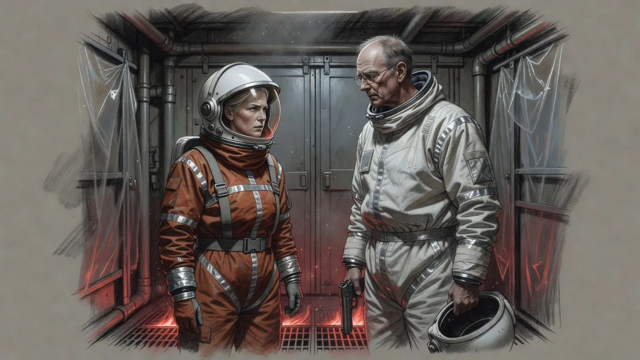In a steel airlock hung with plastic sheeting, a woman in a bulky orange suit and clear-visored helmet faces a very tall man in a white hazard suit as heavy doors slide shut behind them.