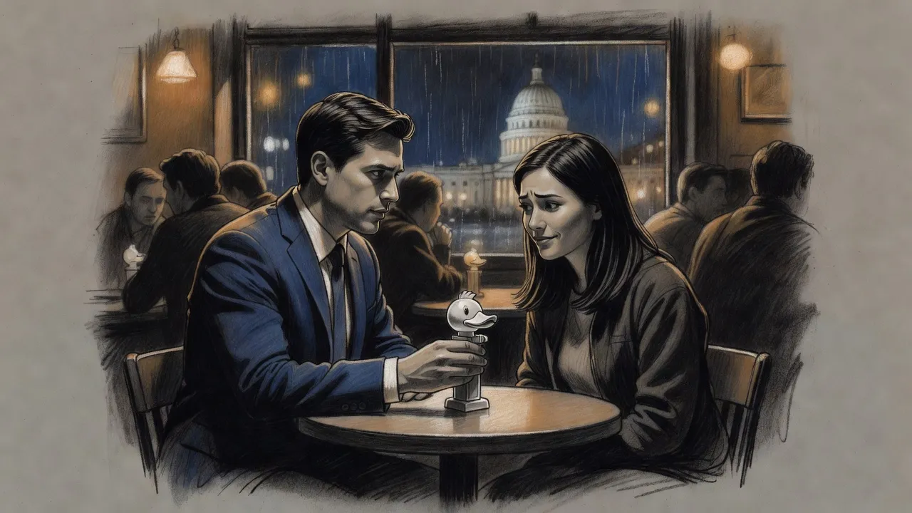 In a crowded bar on a rainy night, a man in a navy suit hands a dark-haired woman a small toy candy dispenser topped with a duck’s head.