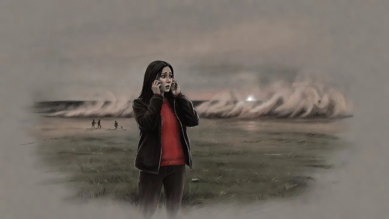A dark-haired woman in a bright red jumper holds a phone to her ear on open grassy ground as a flash lights the far horizon and a towering wall of dust rolls toward her.
