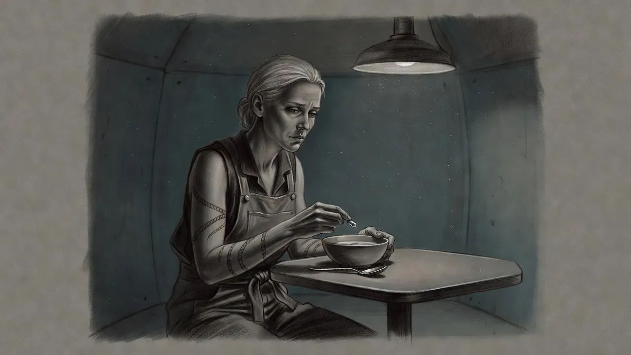 A fair-haired woman with tattooed forearms sits alone at a table in a spare concrete room, holding a tiny capsule of paper found in her bowl of soup.