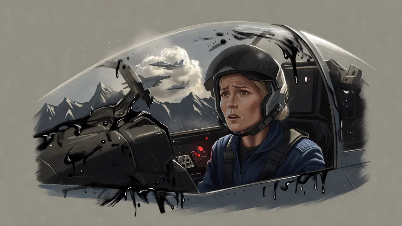 A fighter pilot in a helmet looks up in alarm as thick black ooze spreads across the inside of her cockpit canopy, other jets vanishing into a strange cloud over mountains.