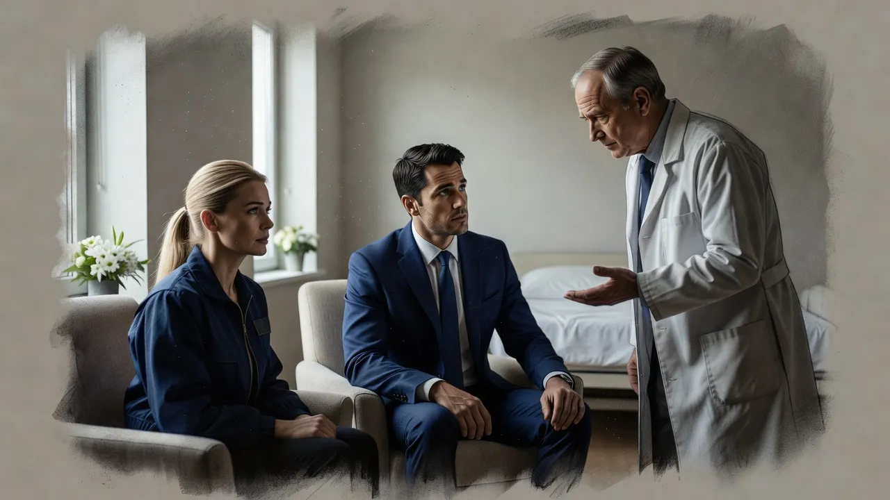 A grey-haired doctor in a white coat talks quietly to a man in a navy suit beside a fair-haired woman who sits looking past them in a bright clinic room.