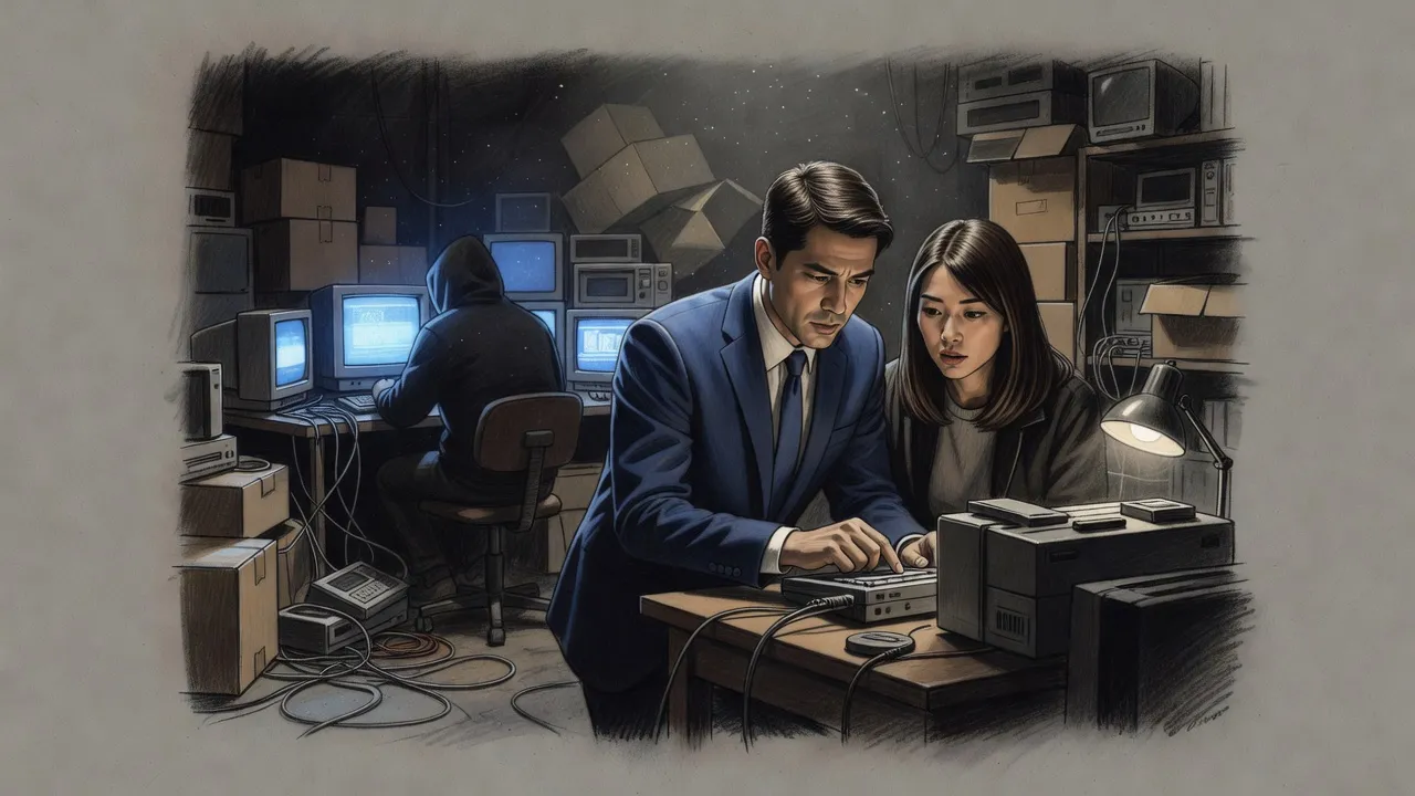 A man in a suit and a dark-haired woman lean close over an old cassette player in a cluttered warehouse while a third figure sits in the glow of monitors behind them.