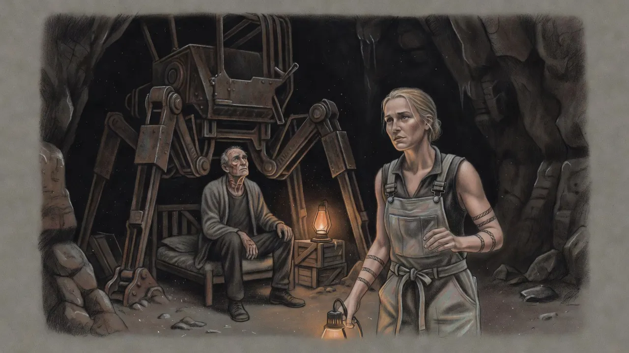 In a dark cavern beneath the rusted legs of a giant machine, a woman with a lamp stops short before a tall grey-haired man with burn scars on his face, sitting up on a camp bed.