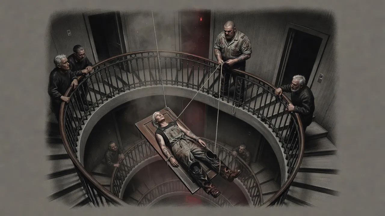 A woman lying on a door is lowered on ropes down the open shaft of a vast spiral stair while people lean over the rails of the landings to watch.