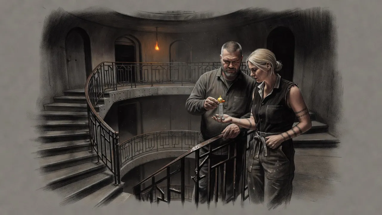 On a dim landing of a vast concrete stair, a broad man in a leather jacket presses a small toy candy dispenser into the hand of a fair-haired woman.