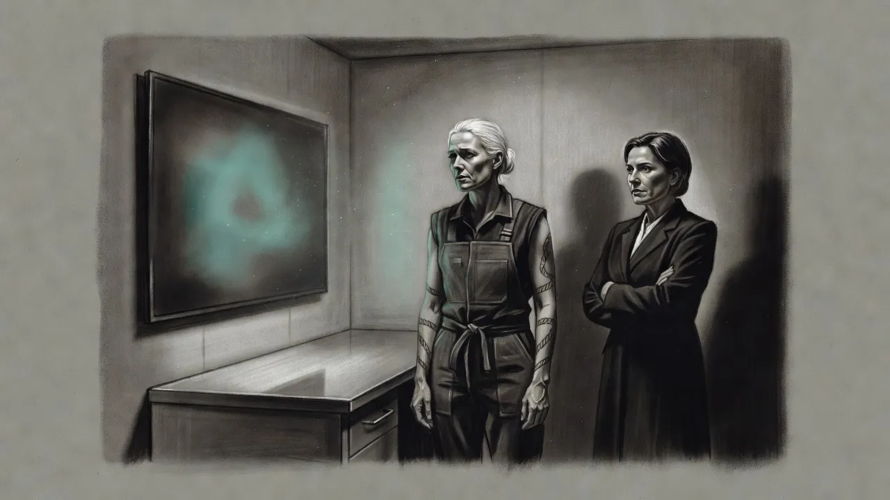 A fair-haired woman stands facing a large glowing monitor in a clean steel vault while a dark-haired woman in tailored dark clothes watches from one side.