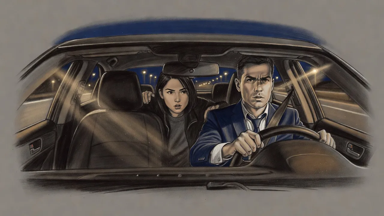 At night a man in shirtsleeves sits in the driver’s seat of a speeding car, hands lifted off the wheel as it turns by itself, a dark-haired woman watching from the back seat.