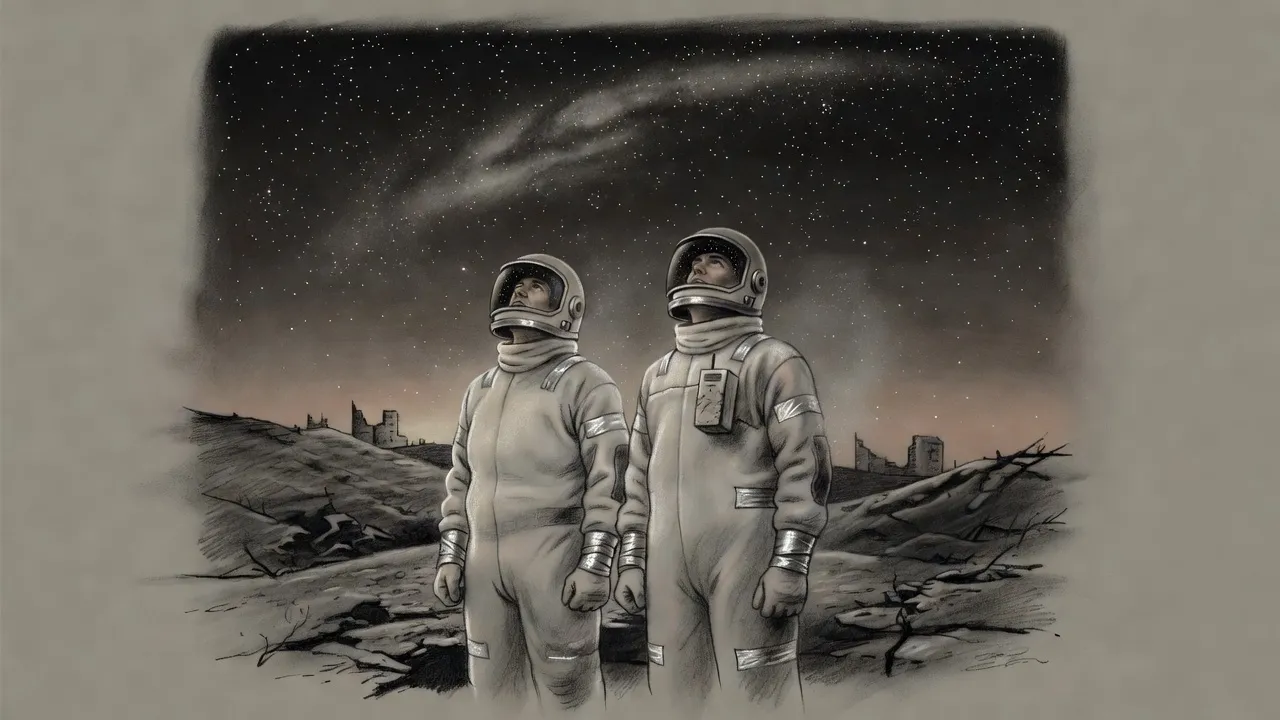 Two figures in bulky hazard suits stand on a dark, barren hillside at night, their helmets tilted up toward a sky crowded with stars.