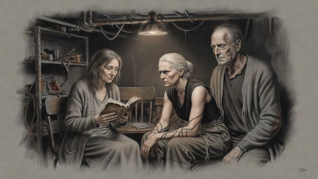An older woman reads aloud from a worn notebook by lamplight while a fair-haired woman and a tall, burn-scarred grey-haired man listen in a cluttered room.