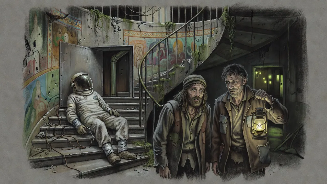 In a dim, ruined concrete passage lit by a lantern, a long-haired bearded man and a wiry man in a brown jacket stand before an opened panel where a figure in a hazard suit lies slumped.