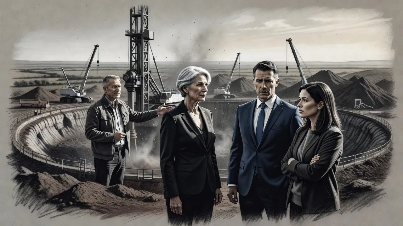 Beside an immense drilling machine boring into raw earth, a silver-haired woman in a dark suit and a greying man in a casual jacket talk with a man in a navy suit and a dark-haired woman.