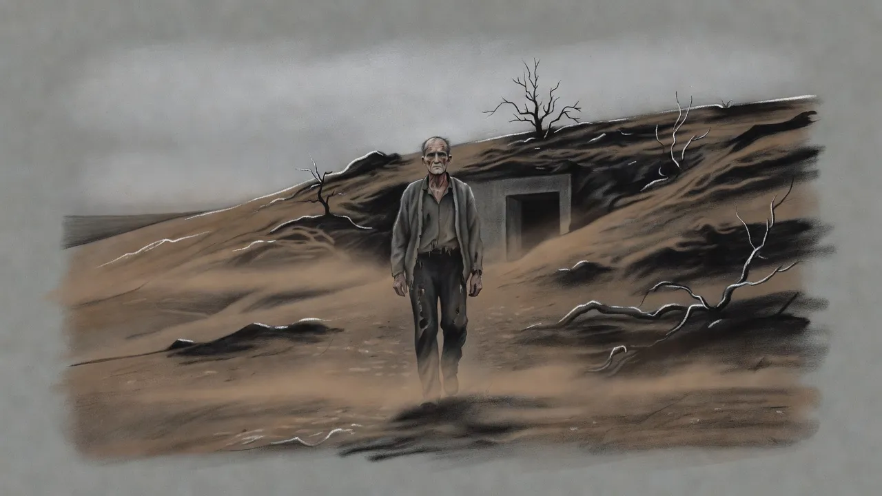 A tall grey-haired man in plain worn clothes and no protective suit walks slowly up a barren brown hillside toward a lone dead tree under a grey sky.
