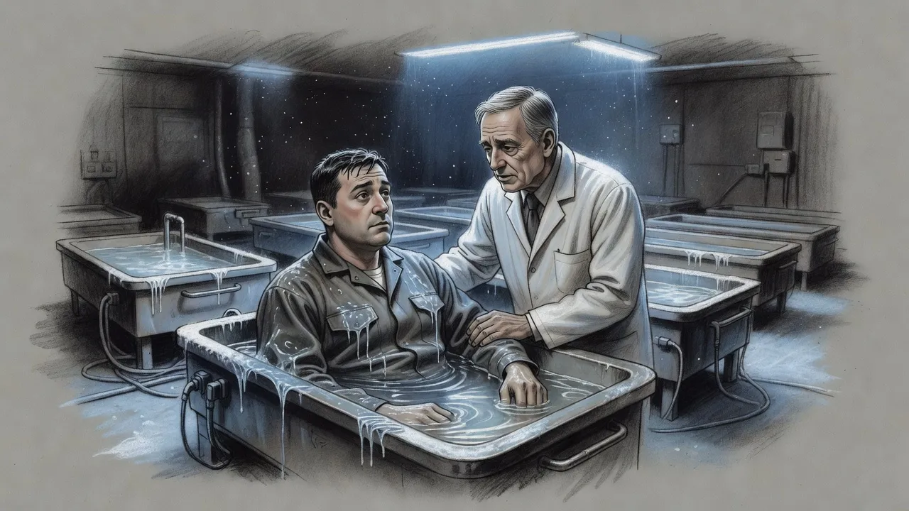 A dazed dark-haired man sits up, dripping, in a shallow steel bed brimming with thick liquid while a grey-haired man in a white coat leans over him.