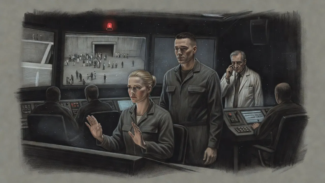 In a dark control room lit by a wall of screens showing a crowd from high above, a fair-haired woman stands up from her console while a man in grey coveralls stands over her and an older man watches from the back.