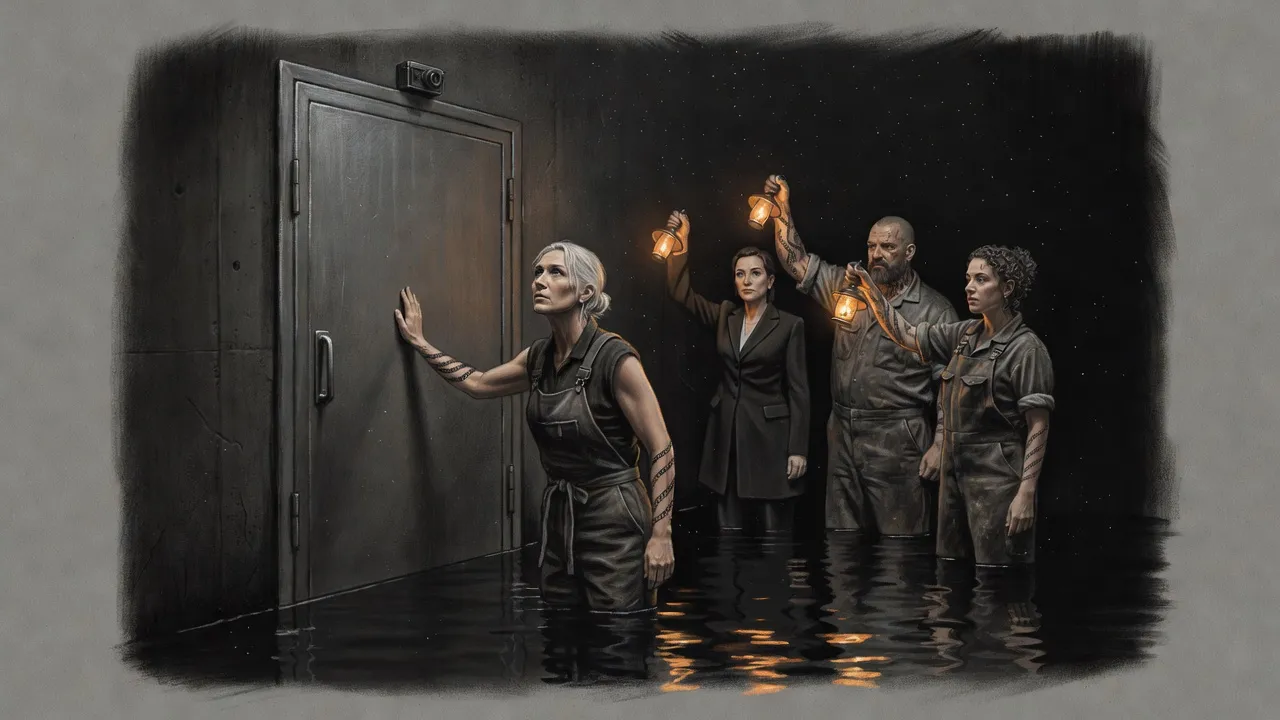 Standing in dark water, a fair-haired woman lays her hand on a colossal steel door set in a thick concrete wall, a small camera above it, three companions behind her.