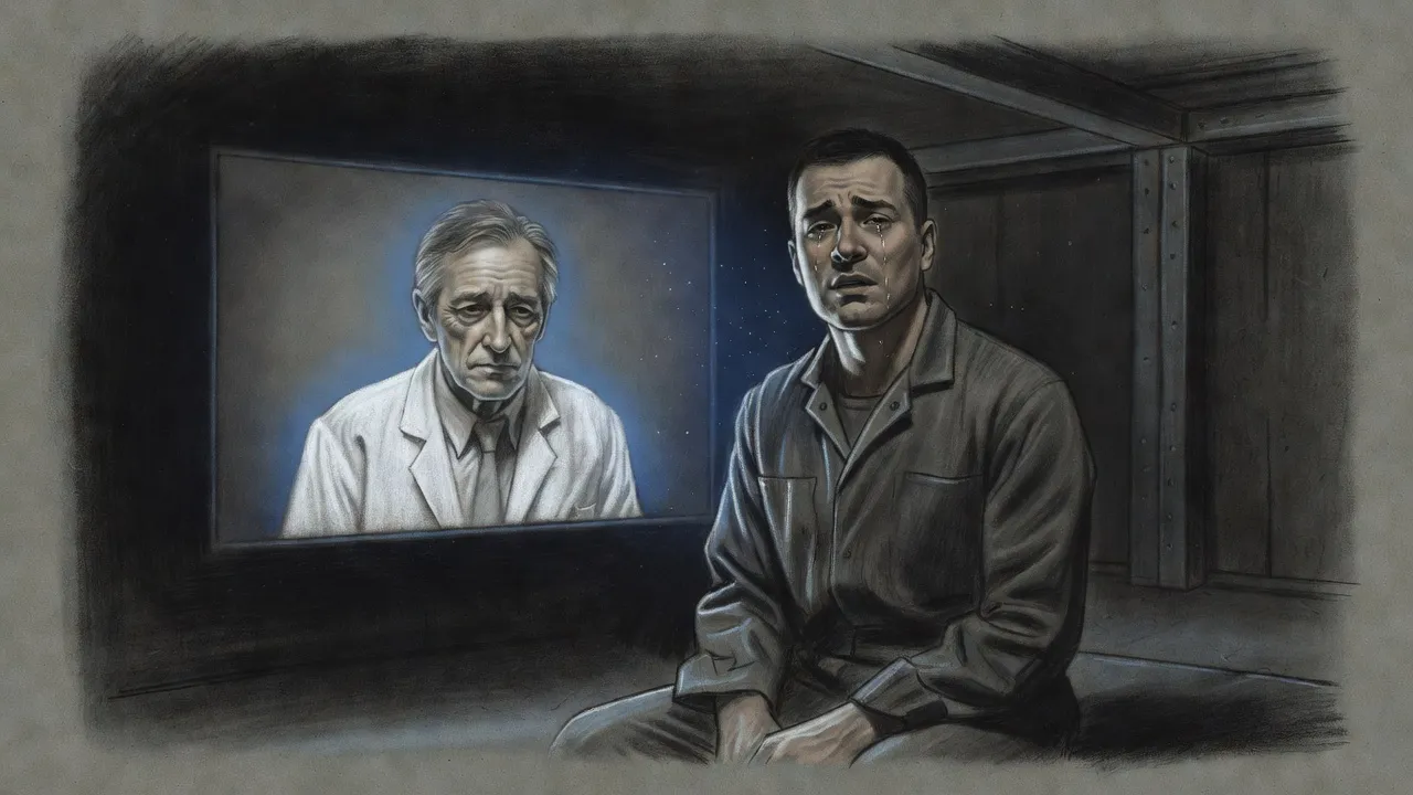Alone in a dim room, a dark-haired man in grey coveralls sits before a screen showing an older man’s face, tears on his cheeks.