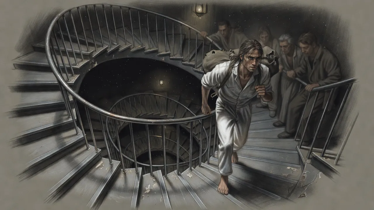 A barefoot porter with a sack on each shoulder runs down a worn steel spiral staircase that winds away into darkness around a hollow shaft.