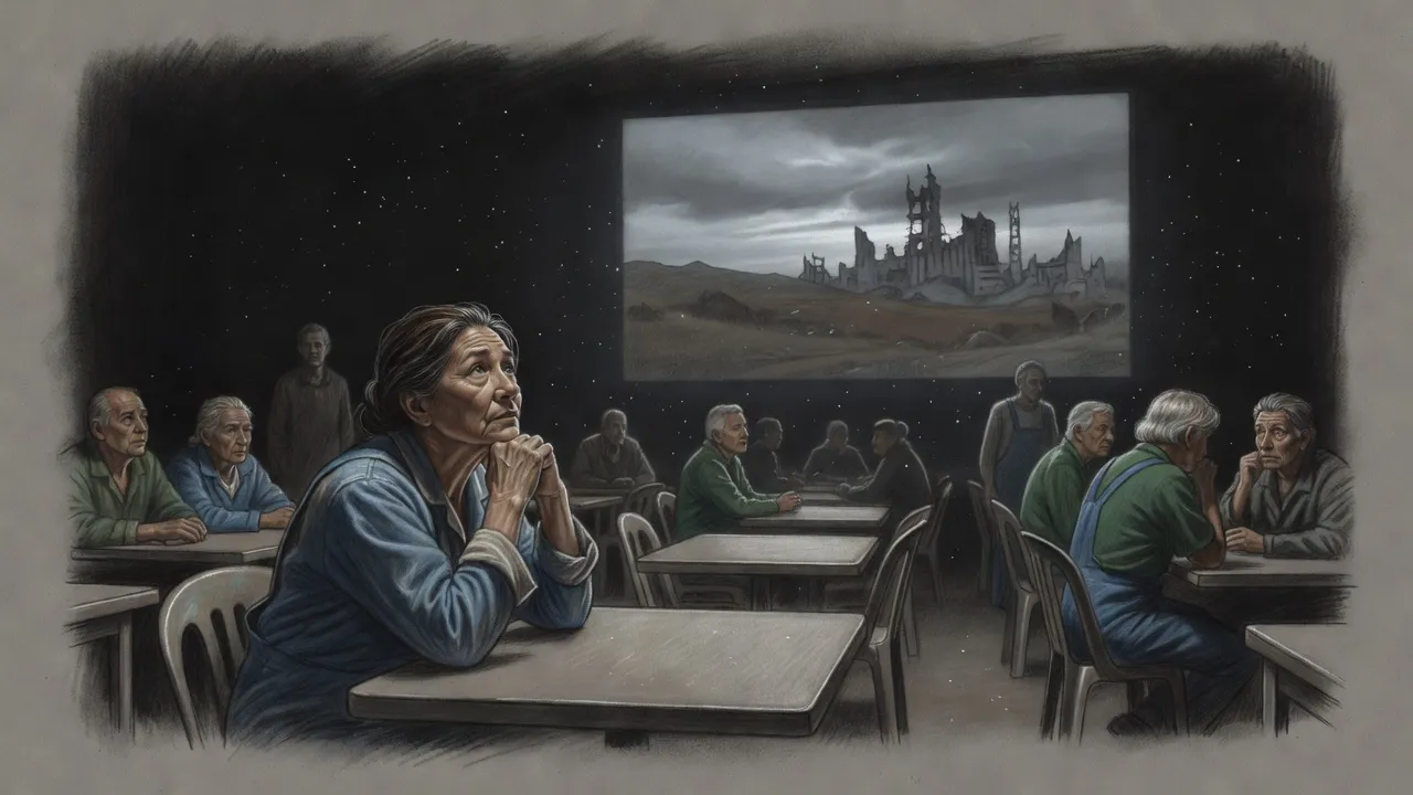 In a dim underground cafeteria a weathered woman in blue overalls sits with her chin on her hands, gazing up at a huge grey screen of hills and a ruined city.