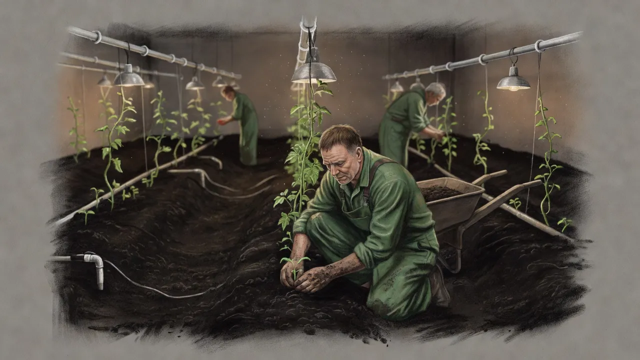 A farmer in green overalls kneels by a long bed of dark soil under hanging grow lamps, pressing a seedling into the earth beside a barrow of compost.
