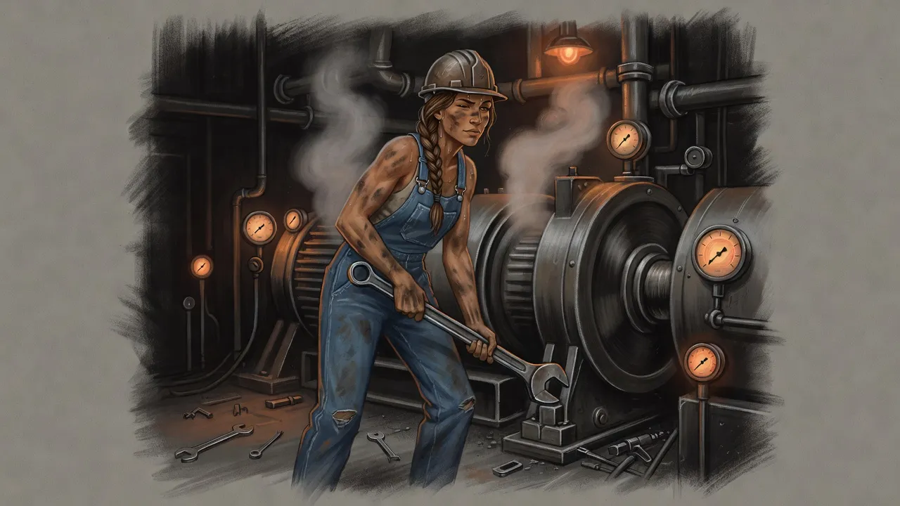 A tall woman in a hard hat and stained blue overalls leans her whole weight into a huge wrench at the base of a colossal generator.