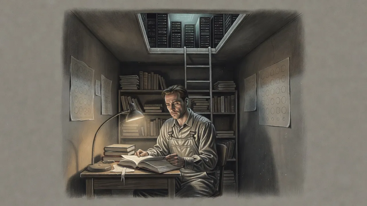 Under a ceiling hatch that glows with server lights, a young man in silver-grey overalls reads a thick manual at a little wooden desk among shelves of old books.