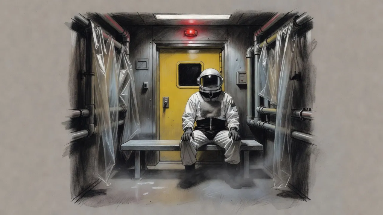 A figure in a white hazard suit and mirrored helmet sits alone on a steel bench in an airlock hung with plastic sheeting, under a glowing warning lamp.