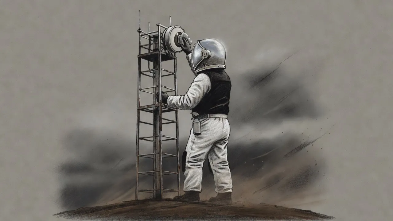 A figure in a white hazard suit stands on the ladder of a squat sensor tower, scrubbing a bulging lens with a pad of grey wool under dark clouds.
