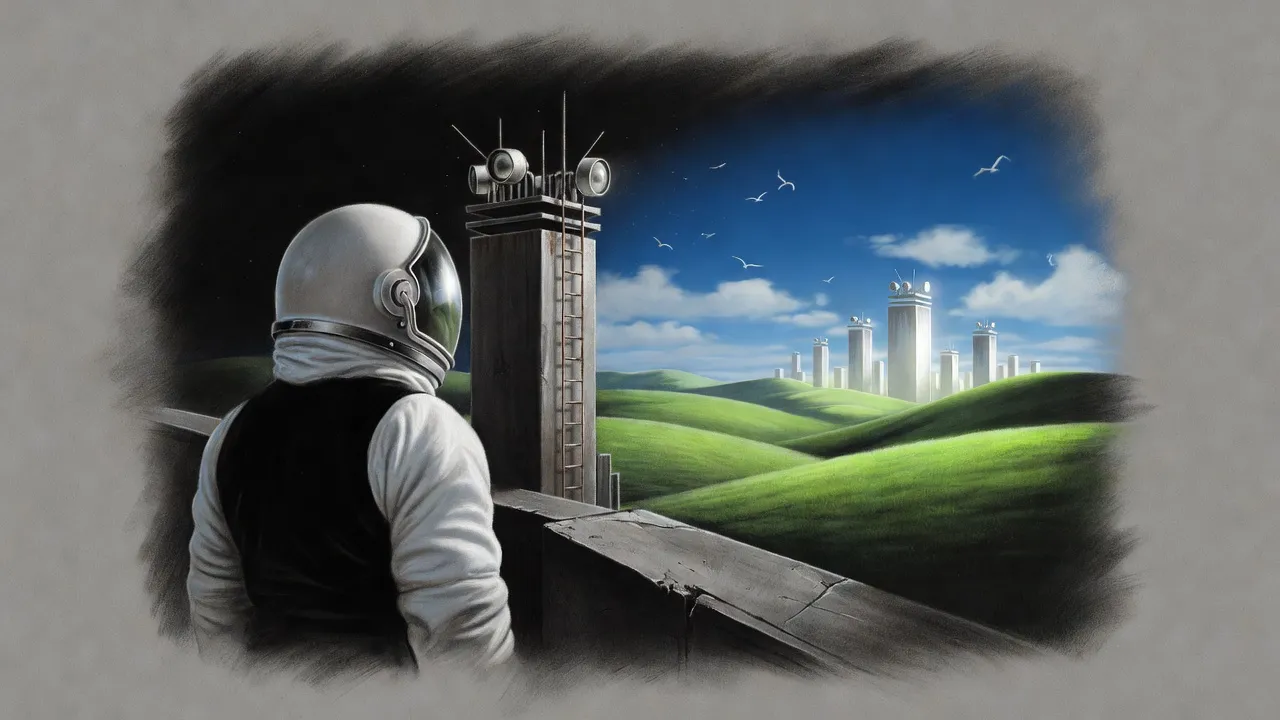 Seen over a suited figure’s shoulder, green hills under a bright blue sky roll away to a distant city whose towers stand whole and gleaming.