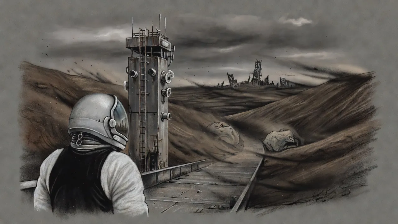 Seen over a suited figure’s shoulder, bare brown hills rise around a concrete ramp under dark clouds, two pale shapes lying on the slope and a ruined city on the horizon.