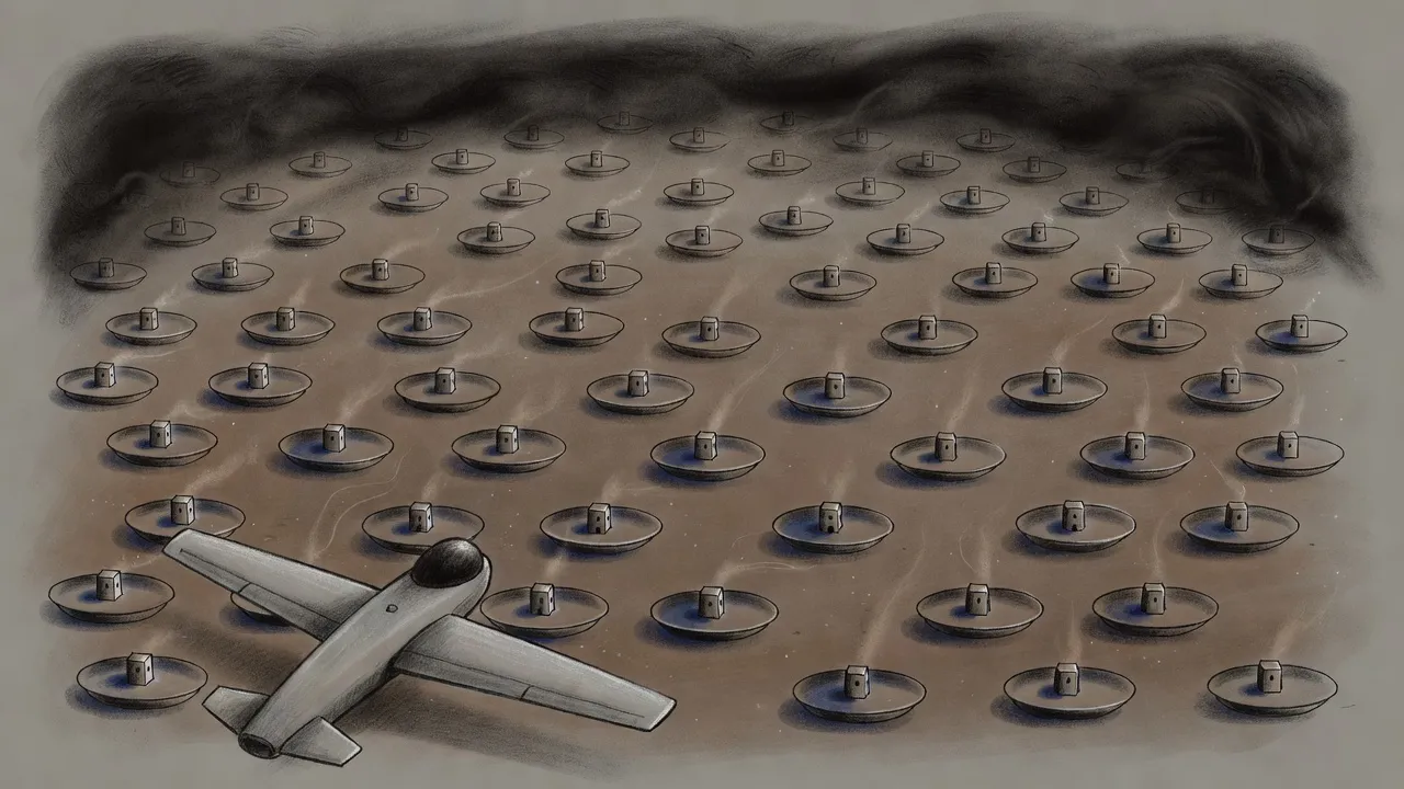 Seen from high above past the grey wing of a drone, dozens of shallow round bowls with a tiny tower in each lie in staggered rows across a barren brown plain.