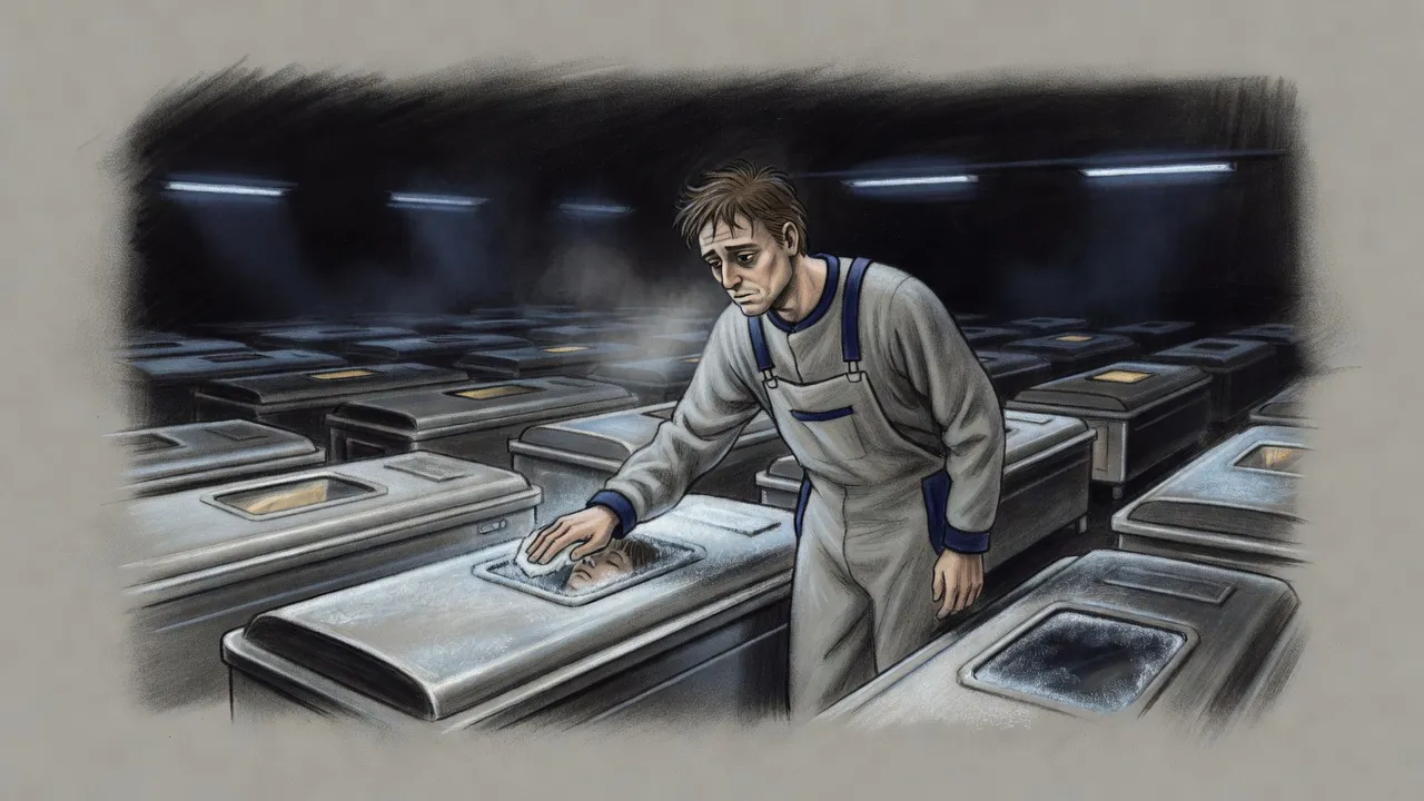 In a cold hall of frosted steel pods laid out in rows, a haggard man in grey overalls wipes the frost from one pod’s window and stares at the face inside.
