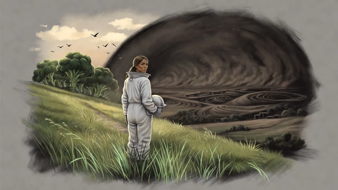 A woman in a white hazard suit stands in knee-high green grass, helmet in her hand, looking back at a vast dark dome of dust on the horizon.